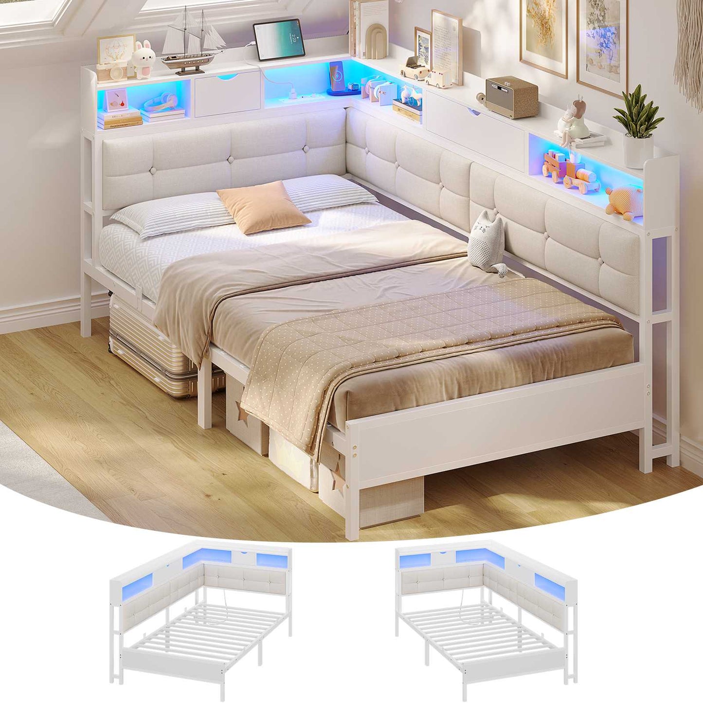 Canapé-lit pliant AOGLLATI 90 x 200 avec multiprise et éclairage LED canapé-lit rembourré doté de 6 compartiments de rangement et d'un espace de rangement sous le lit