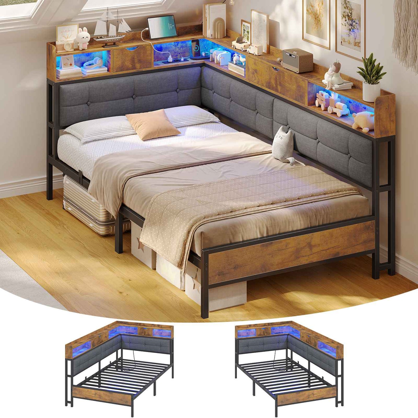 Canapé-lit pliant AOGLLATI 90 x 200 avec multiprise et éclairage LED canapé-lit rembourré doté de 6 compartiments de rangement et d'un espace de rangement sous le lit