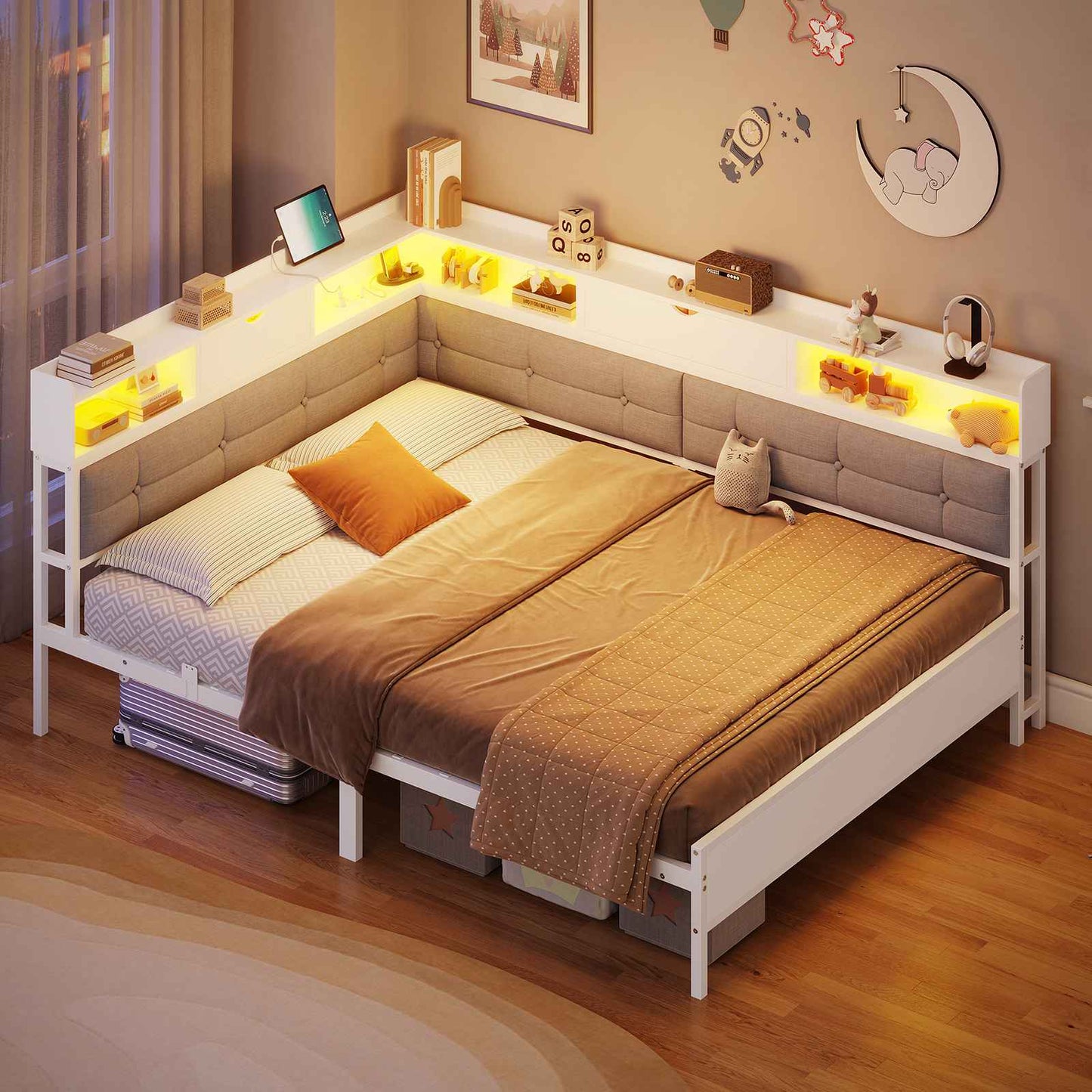Canapé-lit pliant AOGLLATI 140 x 200 avec multiprise et éclairage LED canapé-lit rembourré doté de 6 compartiments de rangement et d'un espace de rangement sous le lit