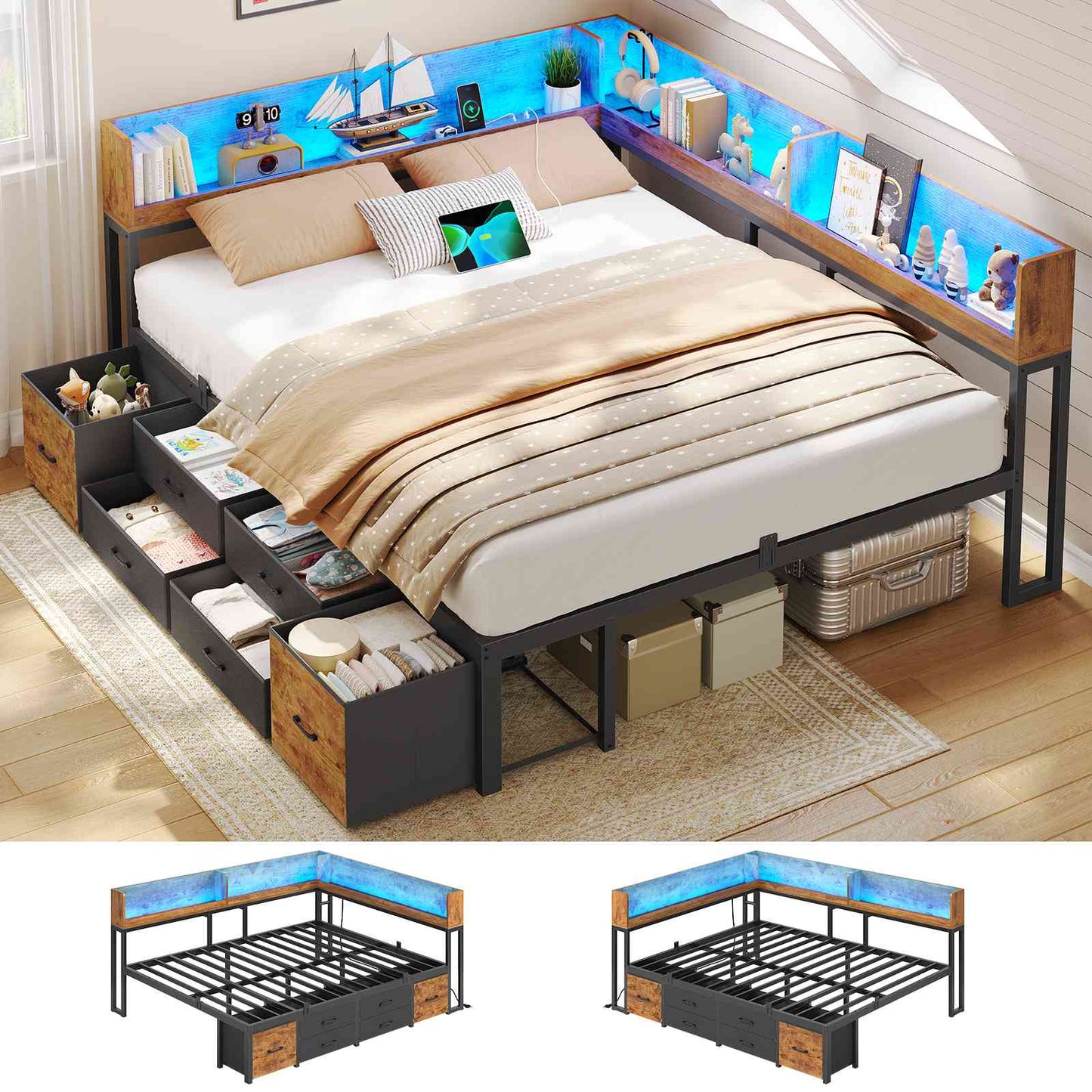 Canapé-lit AOGLLATI à dossier rabattable avec éclairage LED et multiprise lit 140 x 190 avec sommier métallique 3 compartiments de rangement ouverts et 6 tiroirs