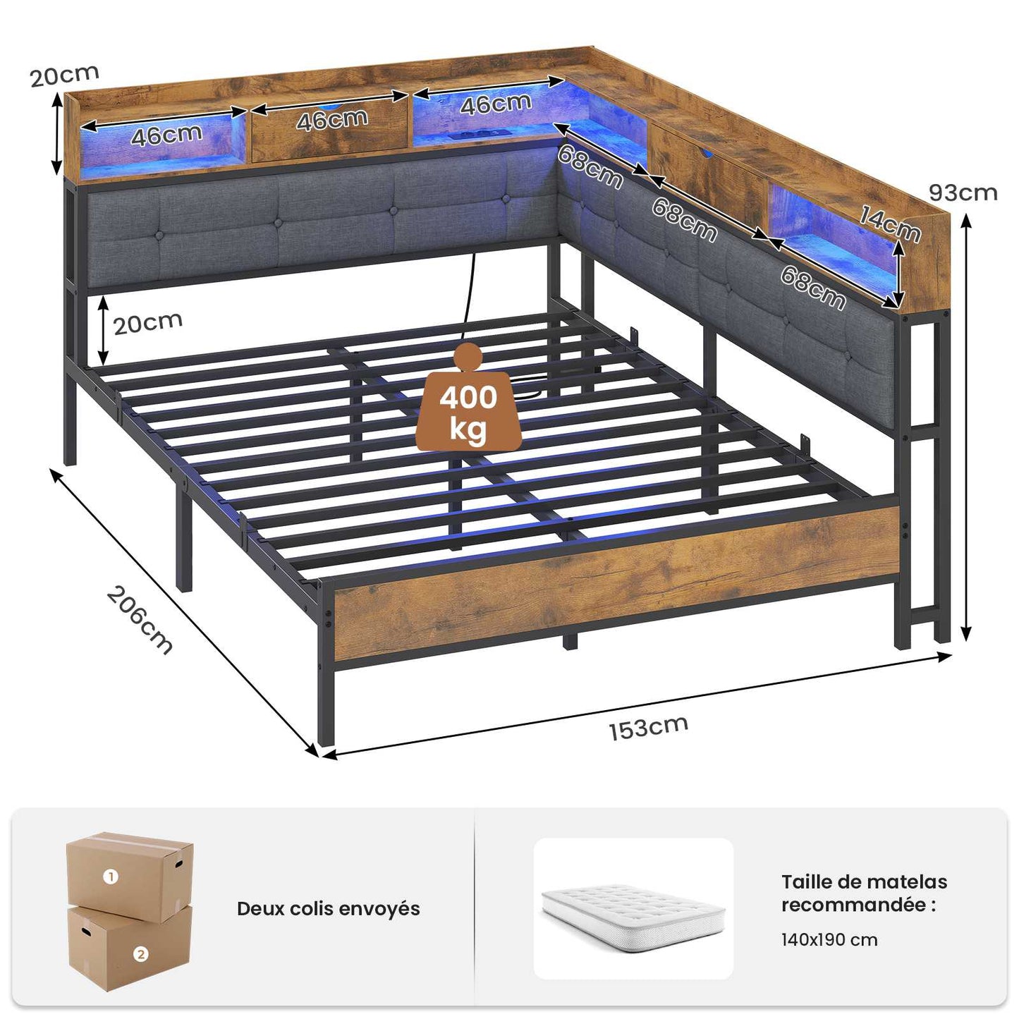Canapé-lit pliant AOGLLATI 140 x 190 avec multiprise et éclairage LED canapé-lit rembourré doté de 6 compartiments de rangement et d'un espace de rangement sous le lit