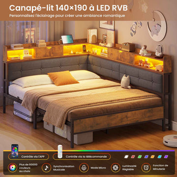 Canapé-lit pliant AOGLLATI 140 x 190 avec multiprise et éclairage LED canapé-lit rembourré doté de 6 compartiments de rangement et d'un espace de rangement sous le lit