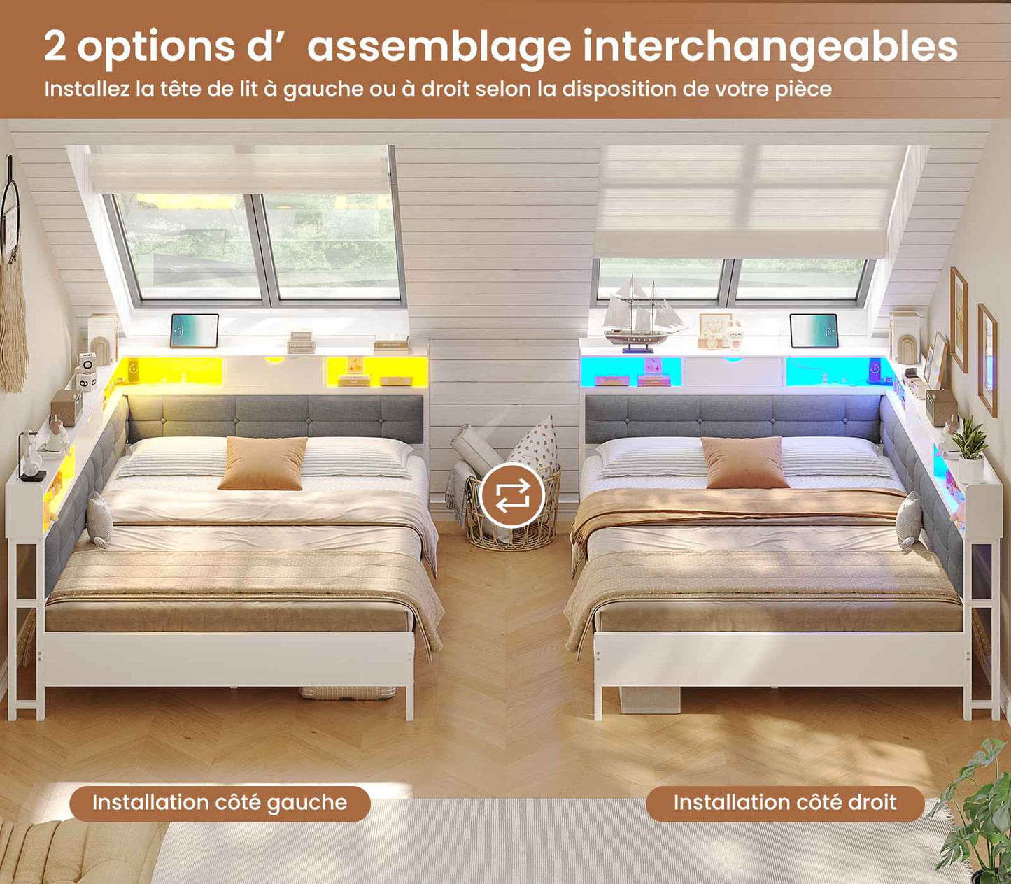 Canapé-lit pliant AOGLLATI 140 x 200 avec multiprise et éclairage LED canapé-lit rembourré doté de 6 compartiments de rangement et d'un espace de rangement sous le lit