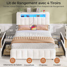 Lit AOGLLATI 140 x 190 avec éclairage LED et multiprise équipé de 4 grands tiroirs et de nombreux espaces de rangement en velours beige