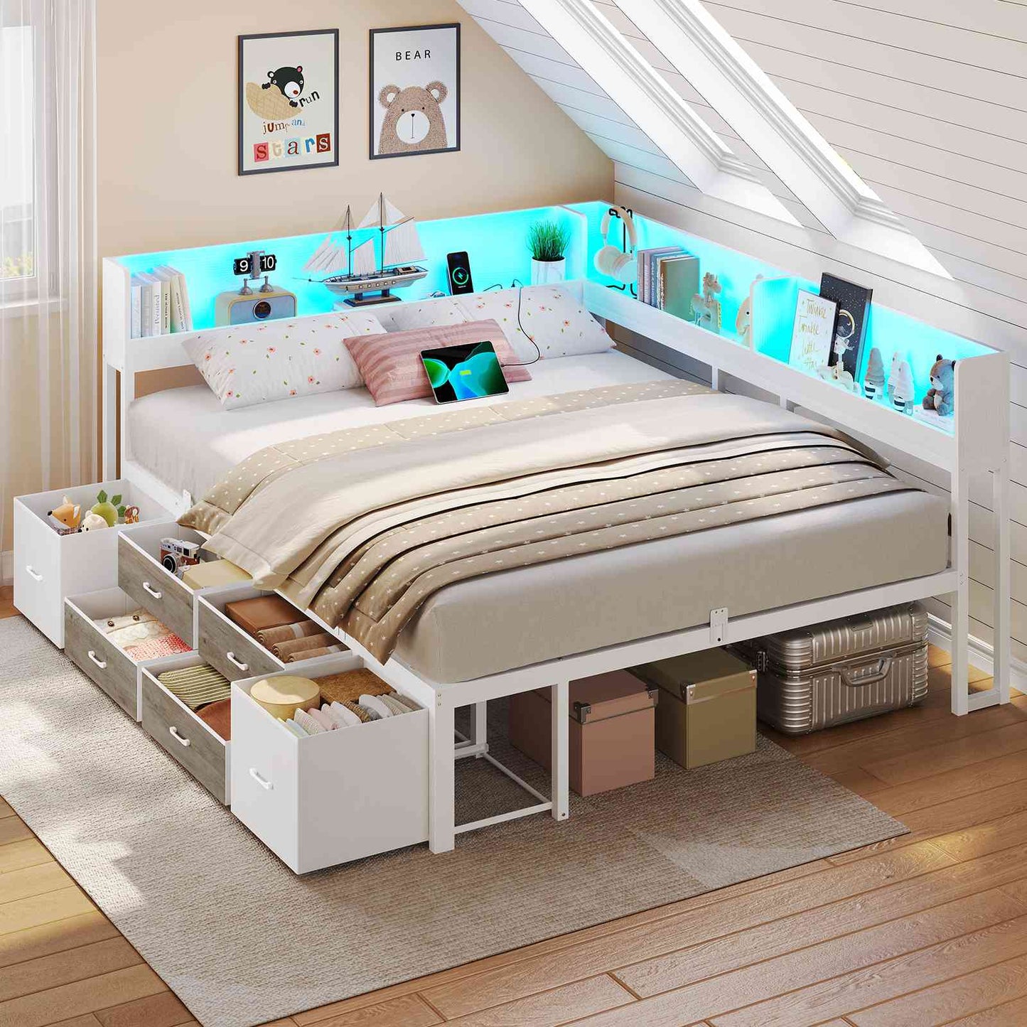 Canapé-lit AOGLLATI à dossier rabattable avec éclairage LED et multiprise lit 140 x 190 avec sommier métallique 3 compartiments de rangement ouverts et 6 tiroirs