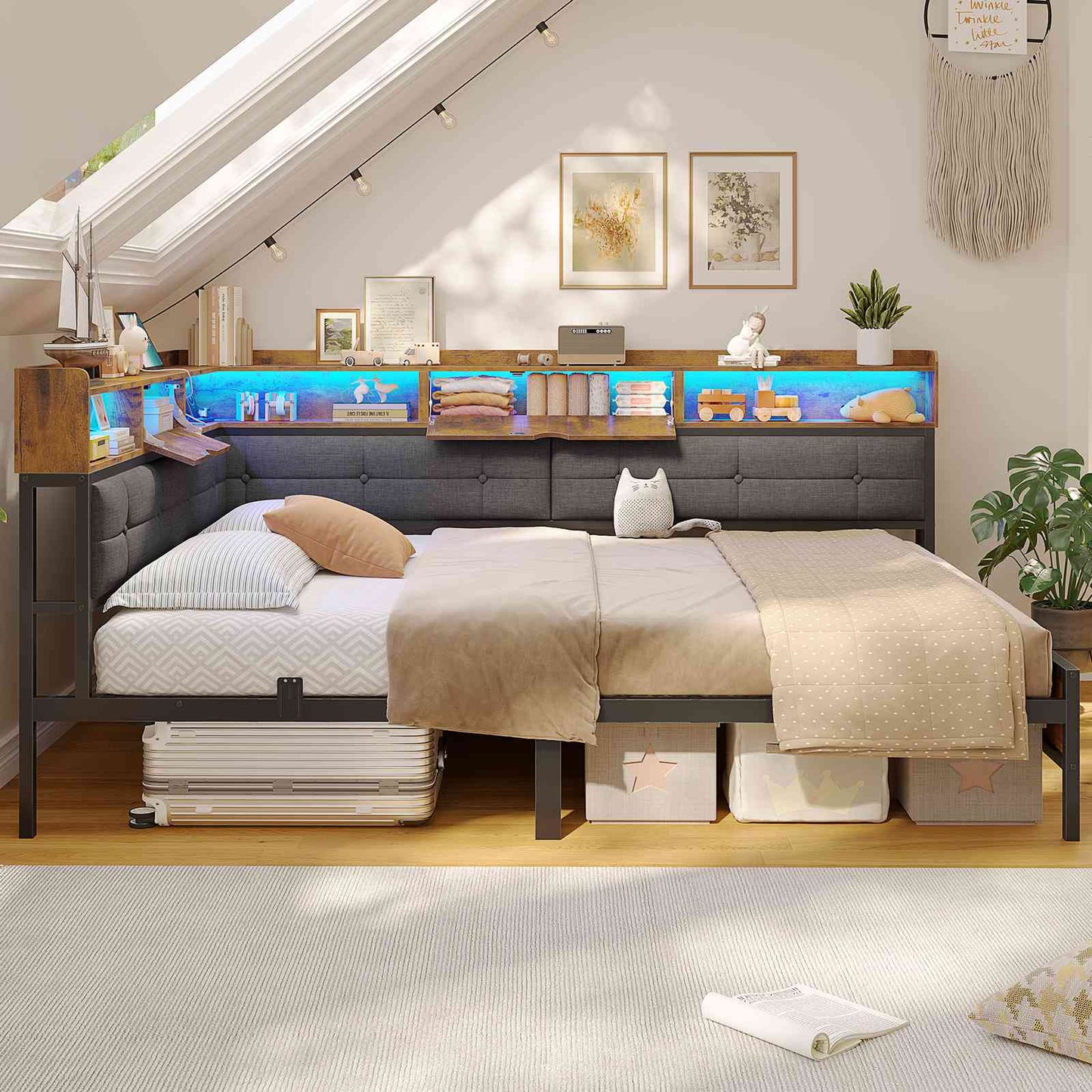 Canapé-lit pliant AOGLLATI 140 x 200 avec multiprise et éclairage LED canapé-lit rembourré doté de 6 compartiments de rangement et d'un espace de rangement sous le lit