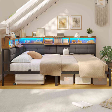 Canapé-lit pliant AOGLLATI 140 x 200 avec multiprise et éclairage LED canapé-lit rembourré doté de 6 compartiments de rangement et d'un espace de rangement sous le lit