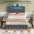 Lit AOGLLATI 140 x 190 à LED avec multiprise et 4 grands tiroirs tête de lit rembourrée et espace de rangement sous le lit