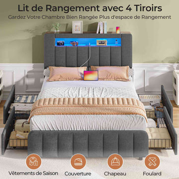Lit AOGLLATI 140 x 190 à LED avec multiprise et 4 grands tiroirs tête de lit rembourrée et espace de rangement sous le lit
