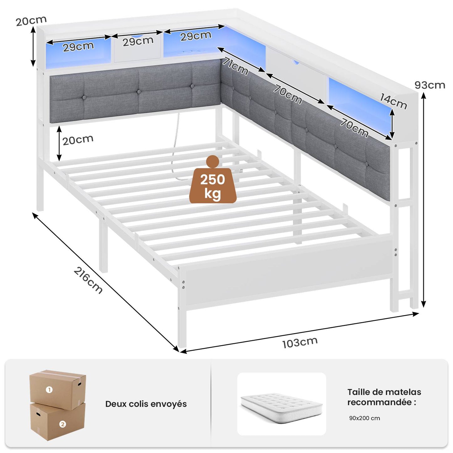 Canapé-lit pliant AOGLLATI 90 x 200 avec multiprise et éclairage LED canapé-lit rembourré doté de 6 compartiments de rangement et d'un espace de rangement sous le lit