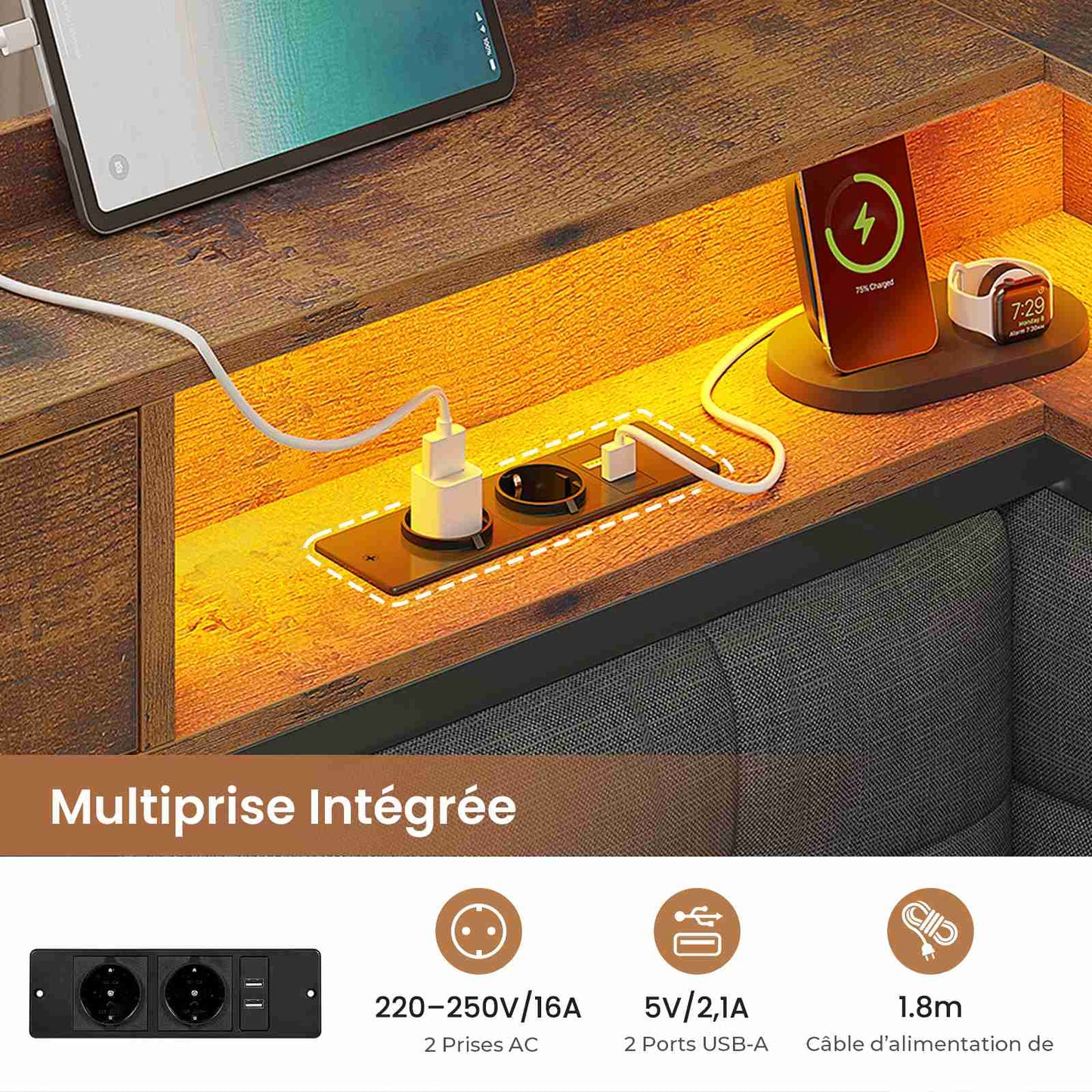 Canapé-lit pliant AOGLLATI 90 x 200 avec multiprise et éclairage LED canapé-lit rembourré doté de 6 compartiments de rangement et d'un espace de rangement sous le lit