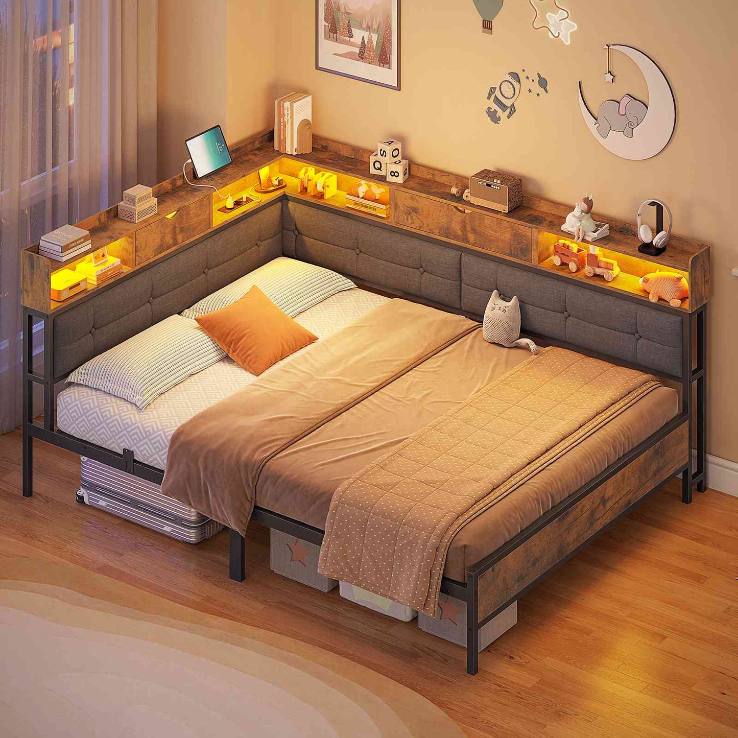 Canapé-lit pliant AOGLLATI 140 x 200 avec multiprise et éclairage LED canapé-lit rembourré doté de 6 compartiments de rangement et d'un espace de rangement sous le lit