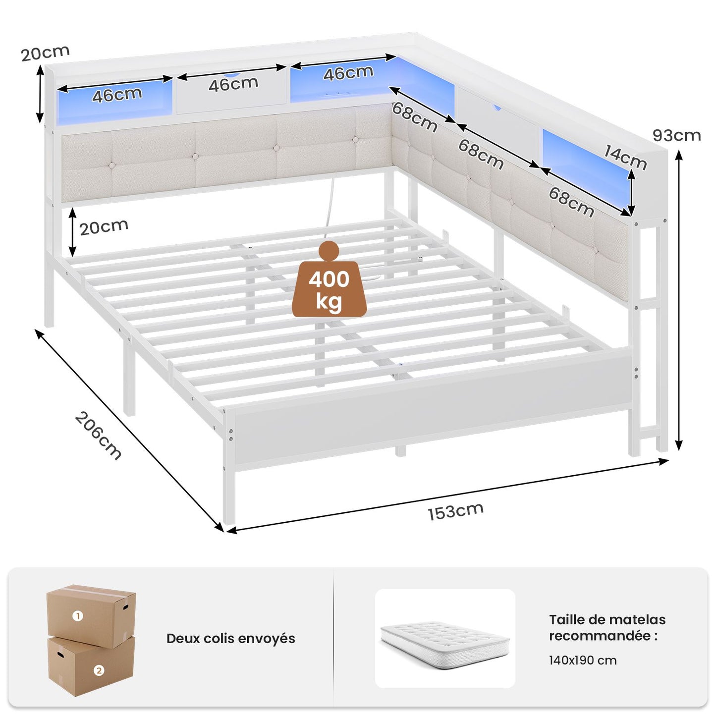 Canapé-lit pliant AOGLLATI 140 x 190 avec multiprise et éclairage LED canapé-lit rembourré doté de 6 compartiments de rangement et d'un espace de rangement sous le lit