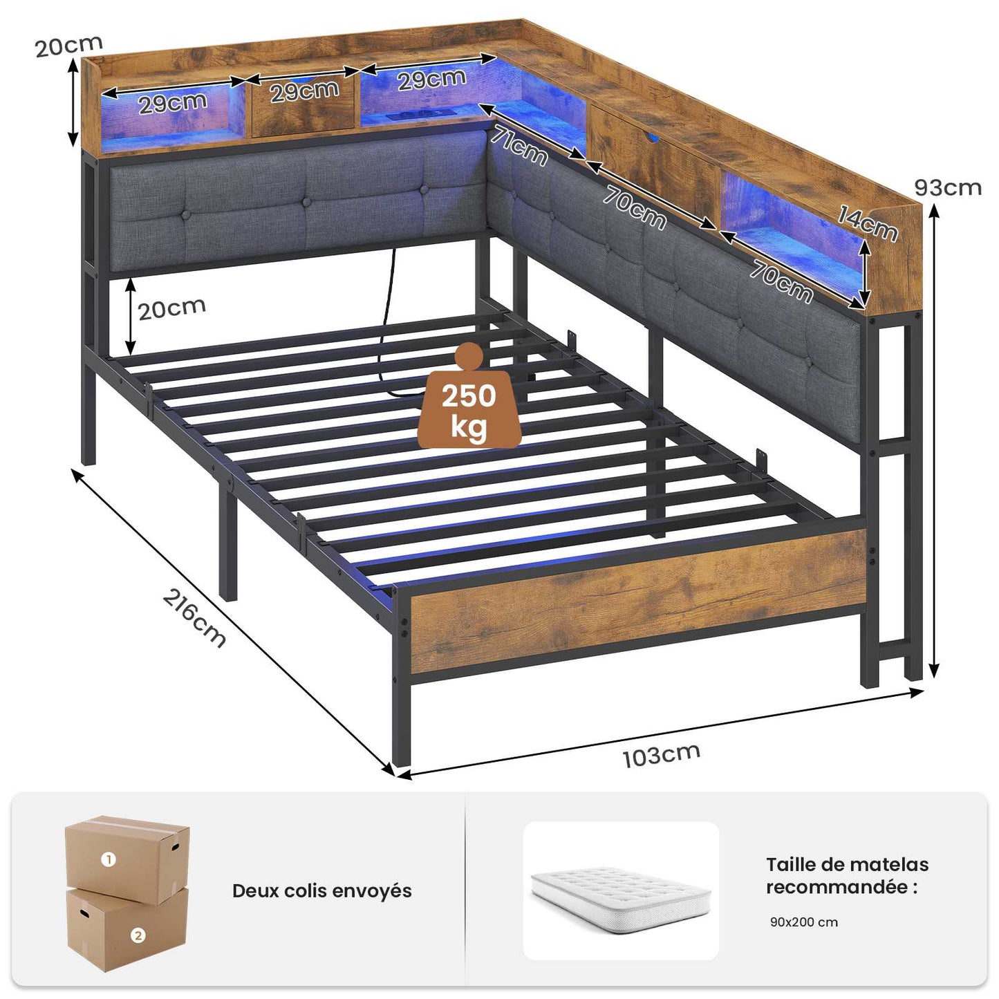 Canapé-lit pliant AOGLLATI 90 x 200 avec multiprise et éclairage LED canapé-lit rembourré doté de 6 compartiments de rangement et d'un espace de rangement sous le lit