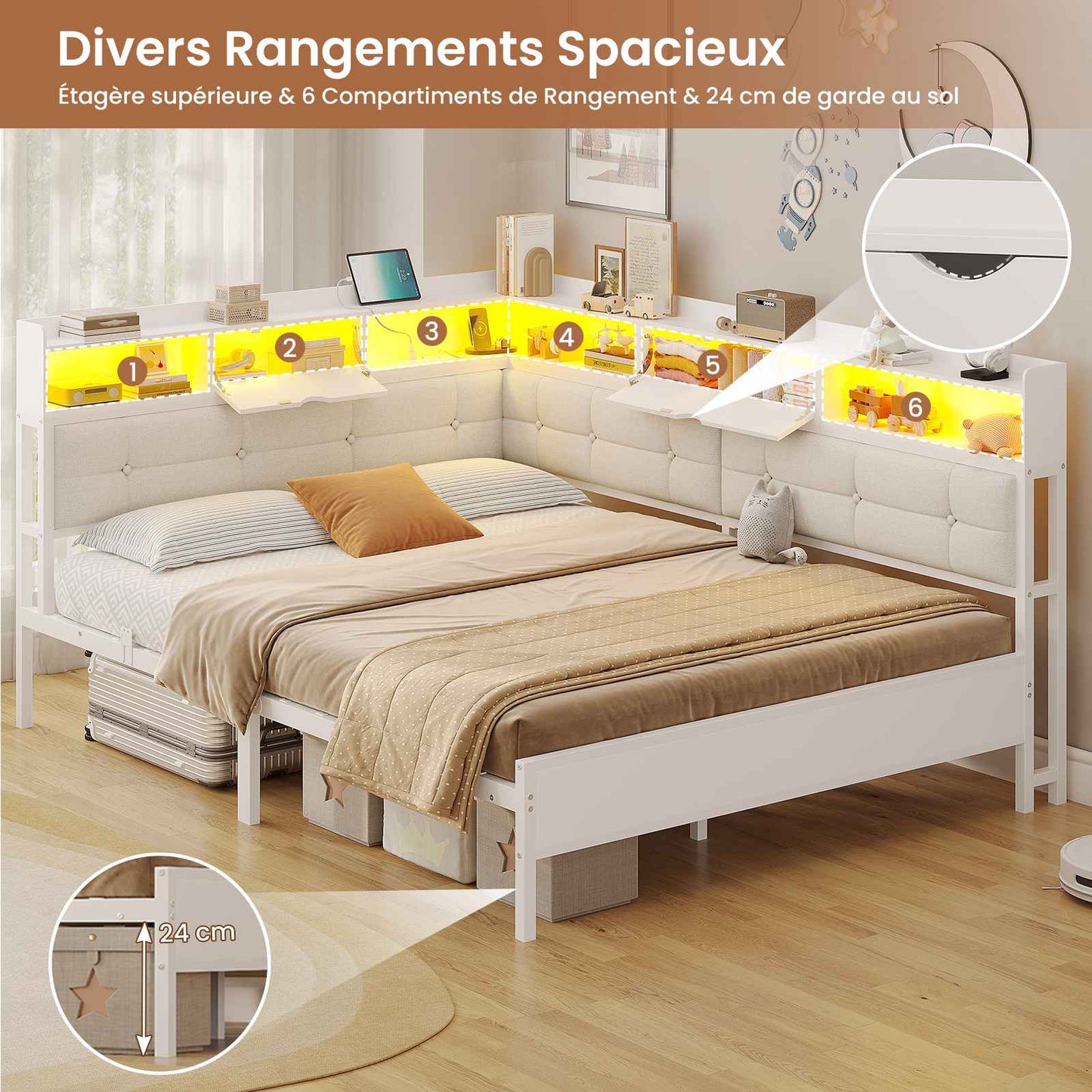 Canapé-lit pliant AOGLLATI 140 x 190 avec multiprise et éclairage LED canapé-lit rembourré doté de 6 compartiments de rangement et d'un espace de rangement sous le lit