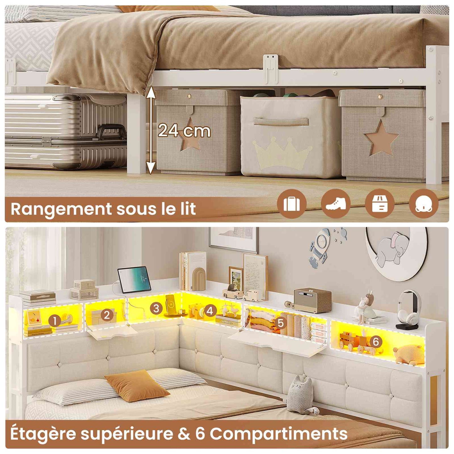 Canapé-lit pliant AOGLLATI 90 x 200 avec multiprise et éclairage LED canapé-lit rembourré doté de 6 compartiments de rangement et d'un espace de rangement sous le lit