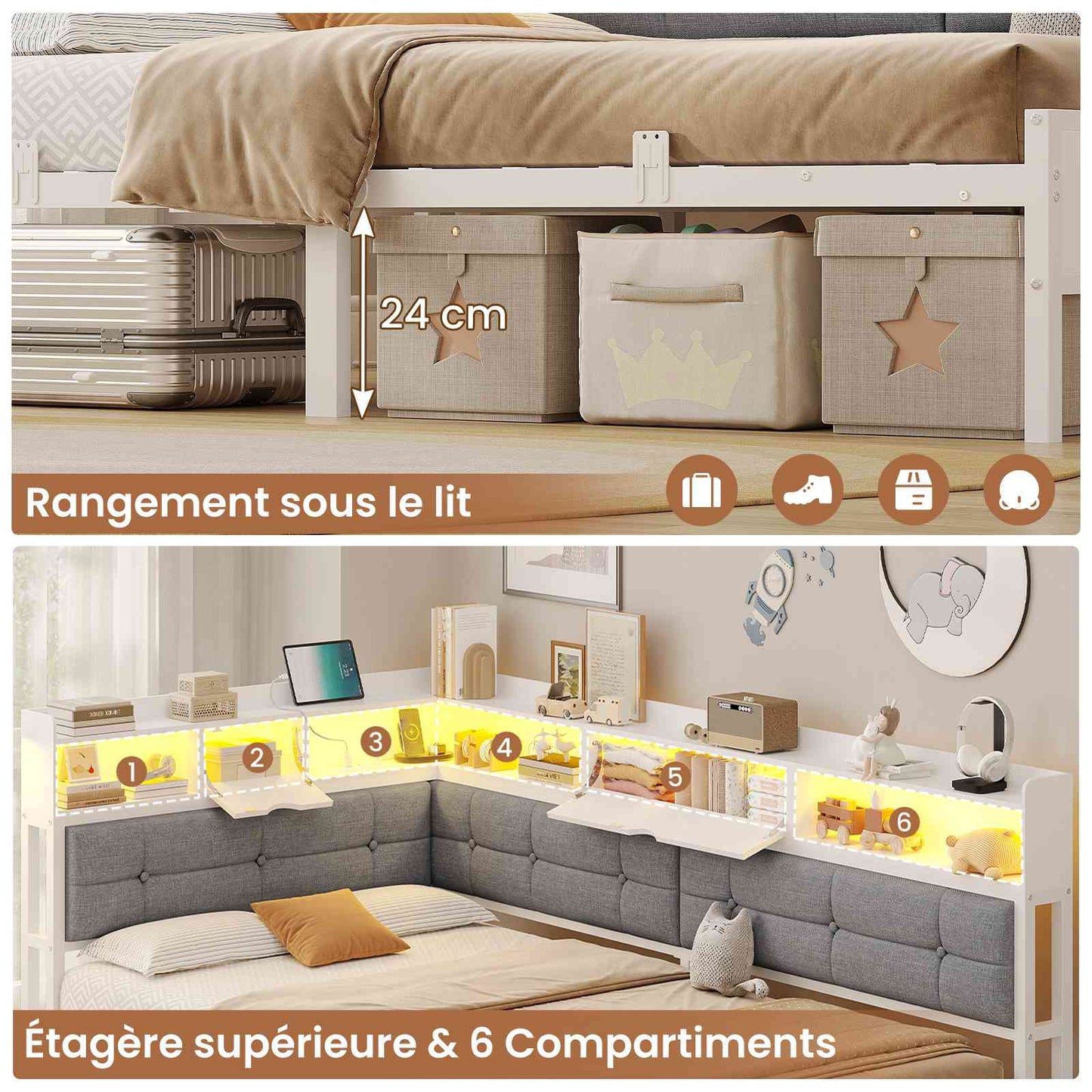 Canapé-lit pliant AOGLLATI 90 x 200 avec multiprise et éclairage LED canapé-lit rembourré doté de 6 compartiments de rangement et d'un espace de rangement sous le lit