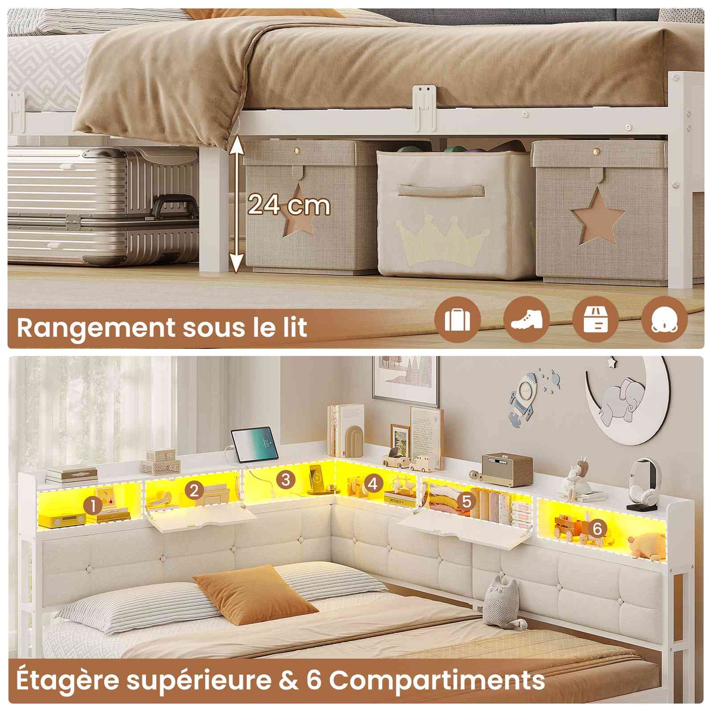 Canapé-lit pliant AOGLLATI 140 x 190 avec multiprise et éclairage LED canapé-lit rembourré doté de 6 compartiments de rangement et d'un espace de rangement sous le lit