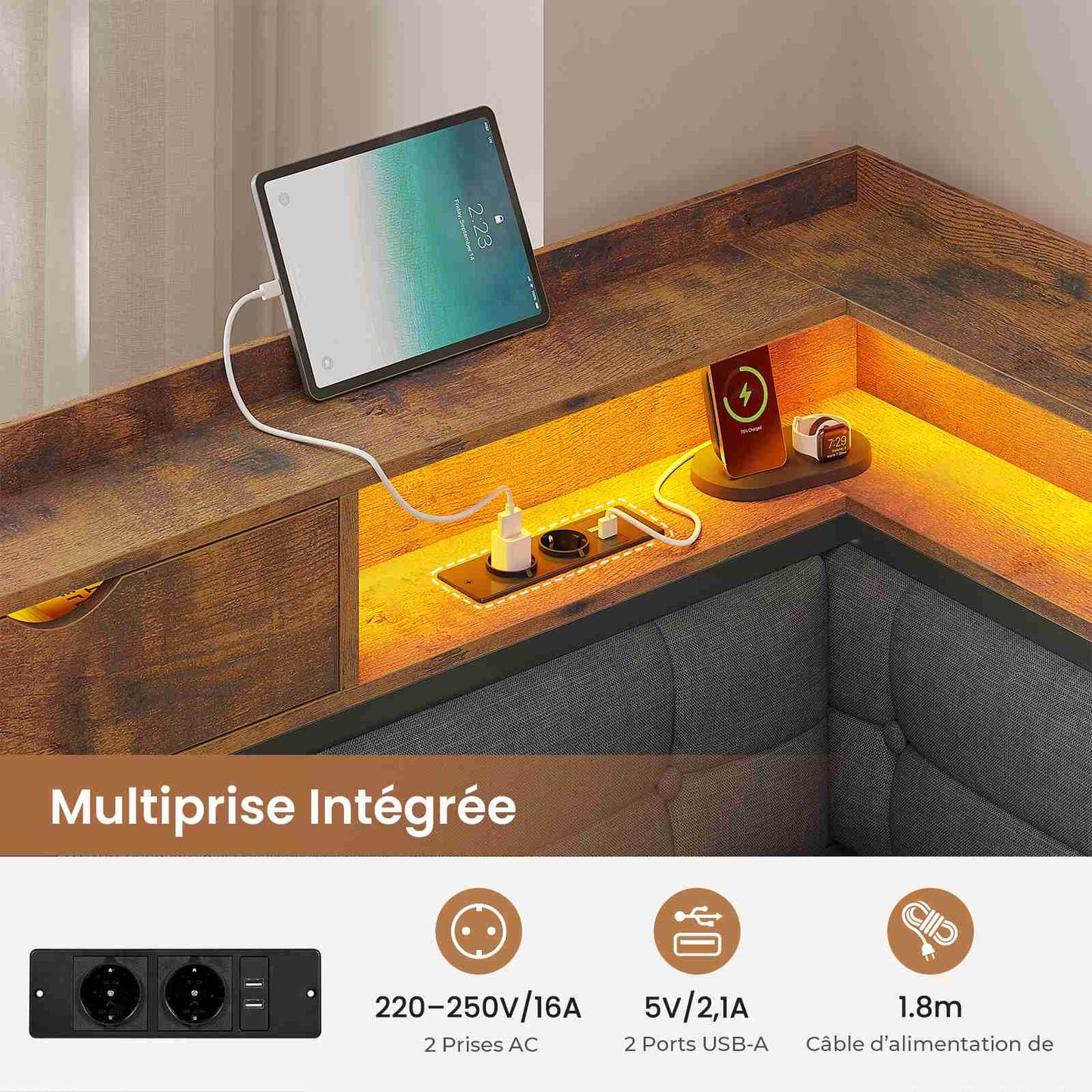 Canapé-lit pliant AOGLLATI 140 x 190 avec multiprise et éclairage LED canapé-lit rembourré doté de 6 compartiments de rangement et d'un espace de rangement sous le lit