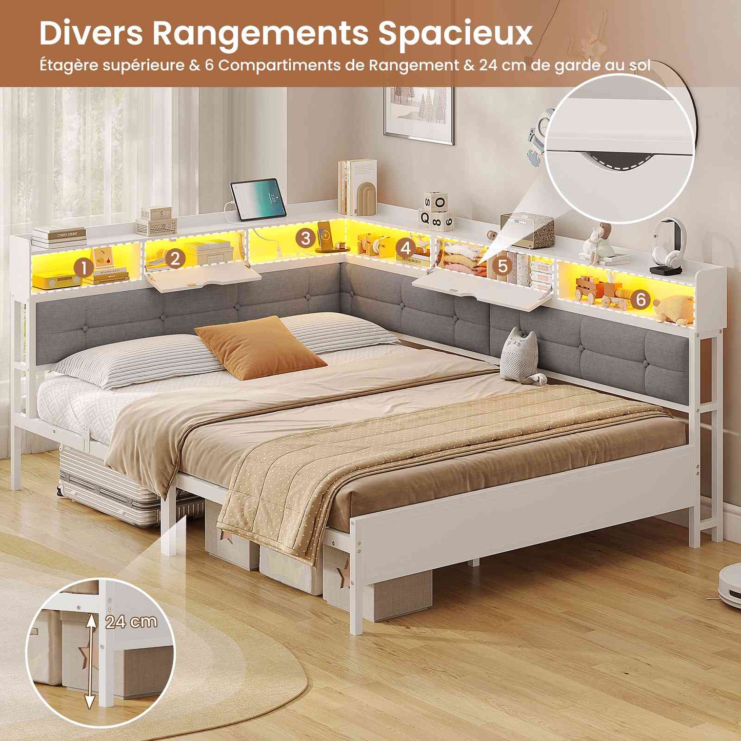 Canapé-lit pliant AOGLLATI 140 x 200 avec multiprise et éclairage LED canapé-lit rembourré doté de 6 compartiments de rangement et d'un espace de rangement sous le lit