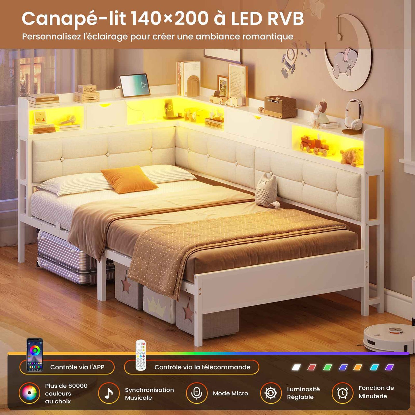 Canapé-lit pliant AOGLLATI 90 x 200 avec multiprise et éclairage LED canapé-lit rembourré doté de 6 compartiments de rangement et d'un espace de rangement sous le lit