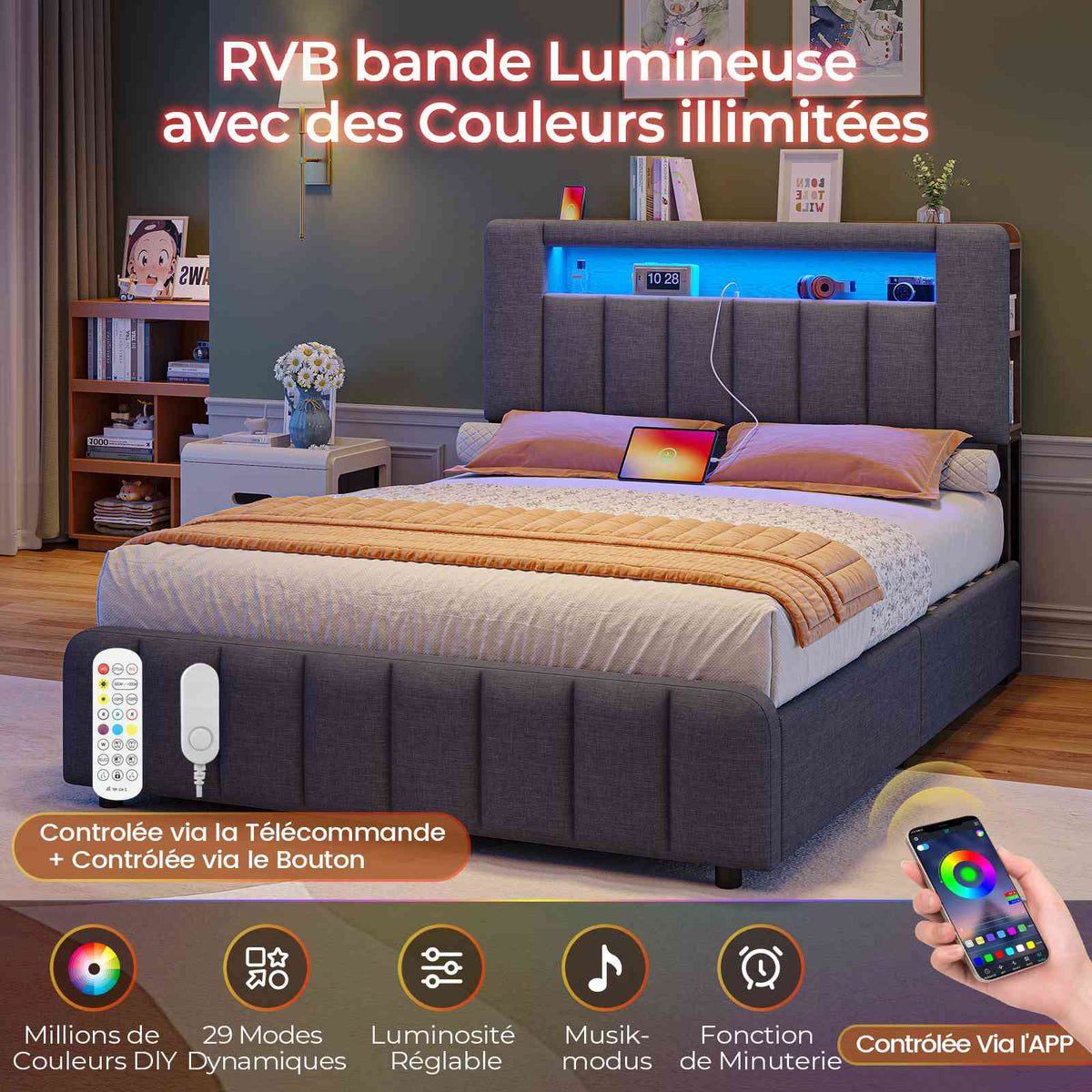 Lit AOGLLATI 140 x 190 à LED avec multiprise et 4 grands tiroirs tête de lit rembourrée et espace de rangement sous le lit