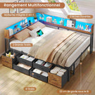 Canapé-lit AOGLLATI à dossier rabattable avec éclairage LED et multiprise lit 140 x 190 avec sommier métallique 3 compartiments de rangement ouverts et 6 tiroirs