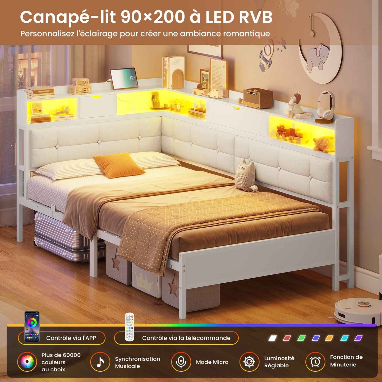 Canapé-lit pliant AOGLLATI 90 x 200 avec multiprise et éclairage LED canapé-lit rembourré doté de 6 compartiments de rangement et d'un espace de rangement sous le lit