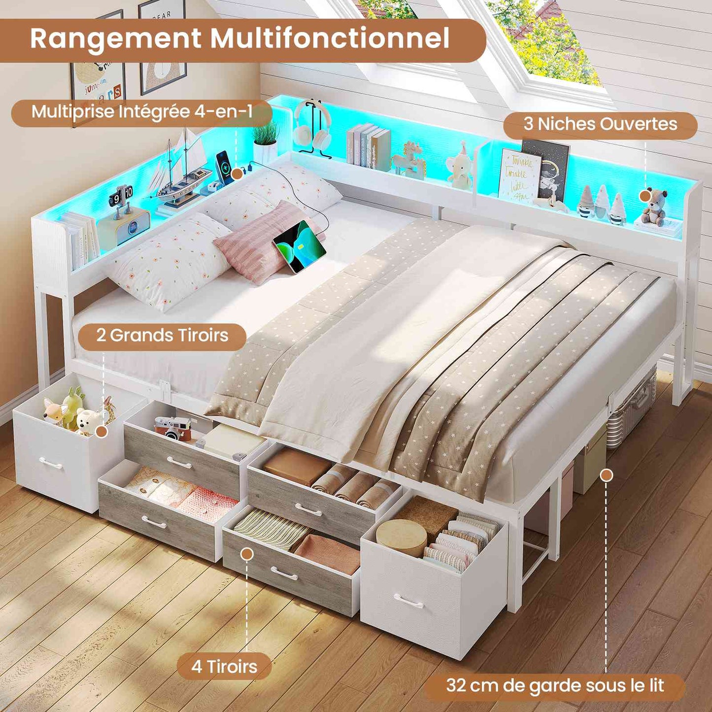 Canapé-lit AOGLLATI à dossier rabattable avec éclairage LED et multiprise lit 140 x 190 avec sommier métallique 3 compartiments de rangement ouverts et 6 tiroirs