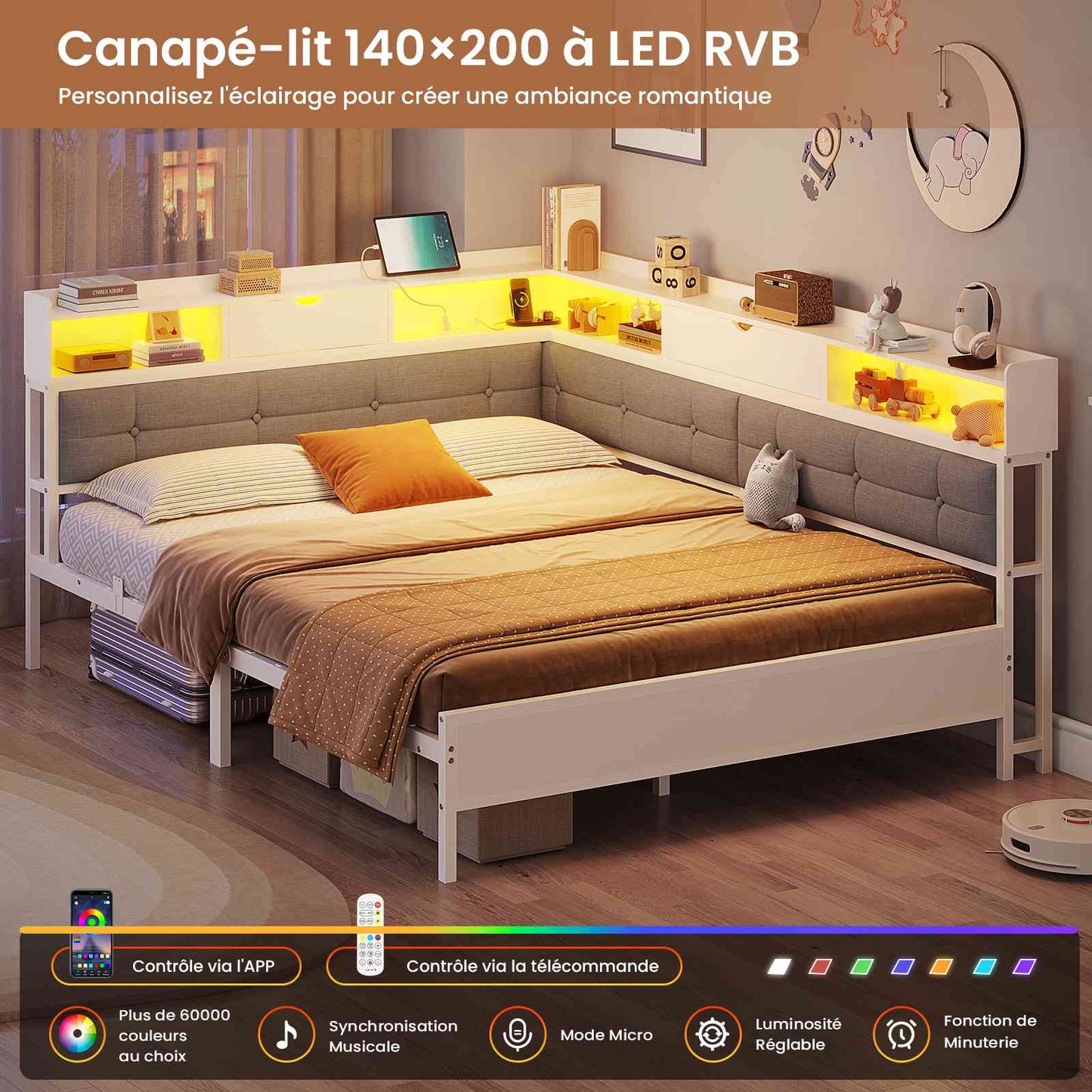 Canapé-lit pliant AOGLLATI 140 x 200 avec multiprise et éclairage LED canapé-lit rembourré doté de 6 compartiments de rangement et d'un espace de rangement sous le lit