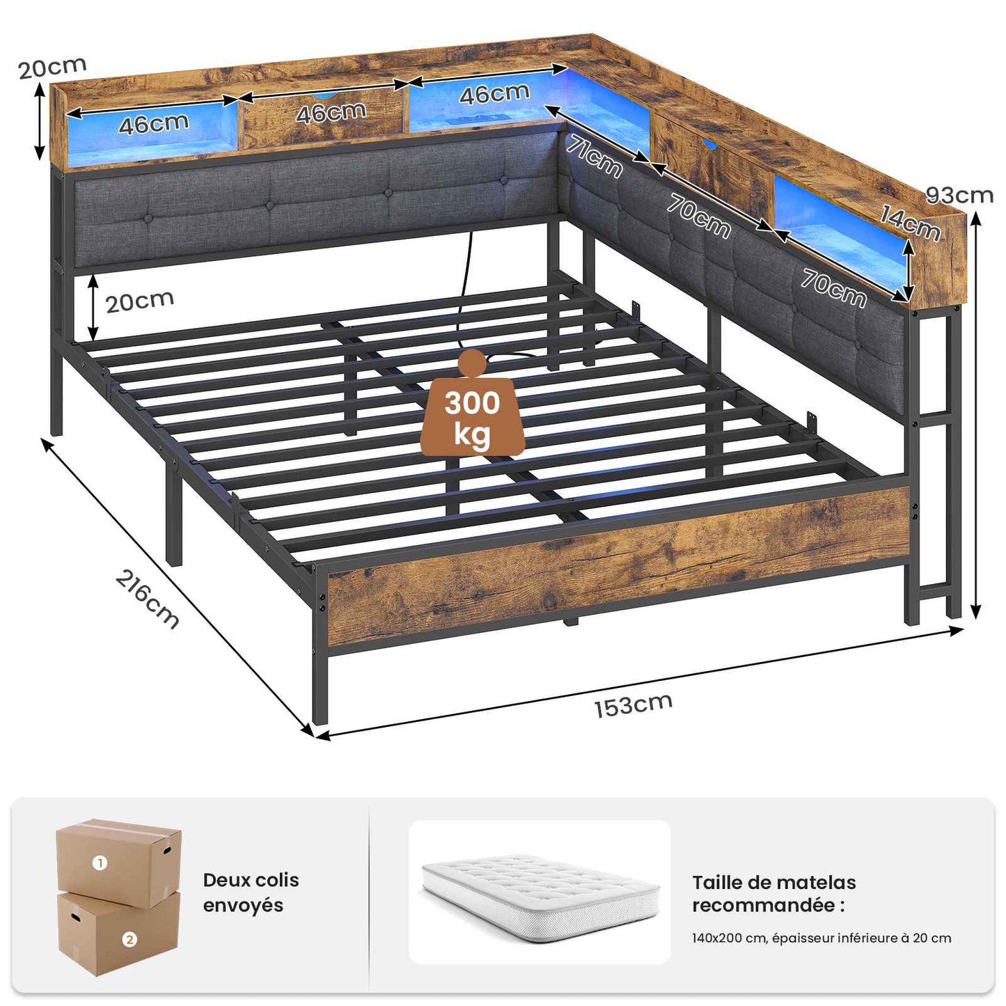 Canapé-lit pliant AOGLLATI 140 x 200 avec multiprise et éclairage LED canapé-lit rembourré doté de 6 compartiments de rangement et d'un espace de rangement sous le lit