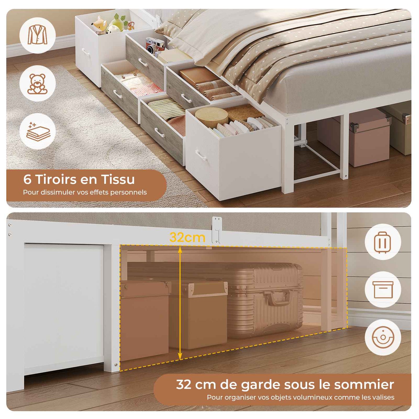 Canapé-lit AOGLLATI à dossier rabattable avec éclairage LED et multiprise lit 140 x 190 avec sommier métallique 3 compartiments de rangement ouverts et 6 tiroirs