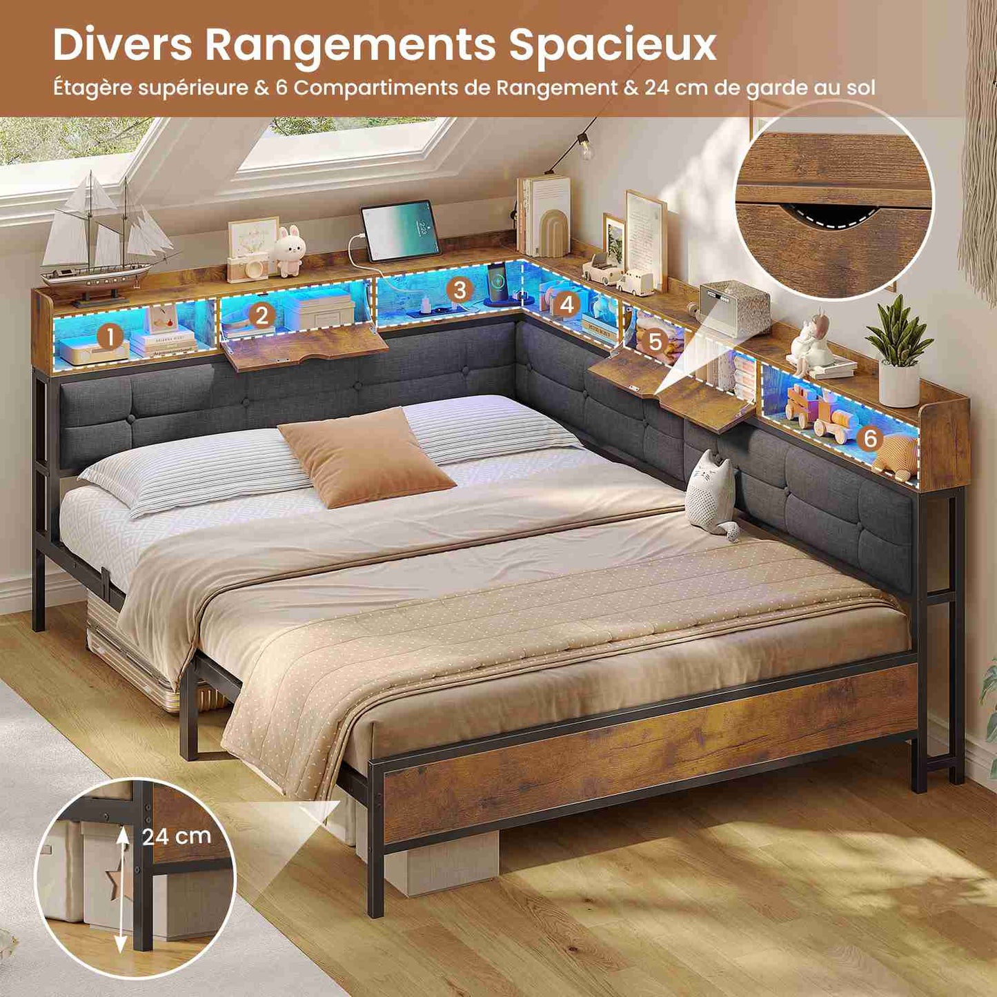 Canapé-lit pliant AOGLLATI 140 x 190 avec multiprise et éclairage LED canapé-lit rembourré doté de 6 compartiments de rangement et d'un espace de rangement sous le lit
