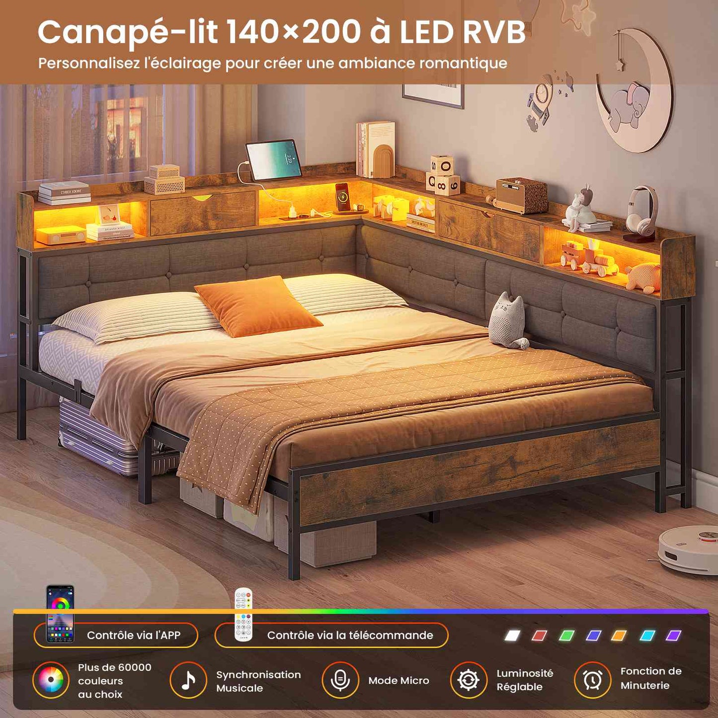 Canapé-lit pliant AOGLLATI 140 x 200 avec multiprise et éclairage LED canapé-lit rembourré doté de 6 compartiments de rangement et d'un espace de rangement sous le lit