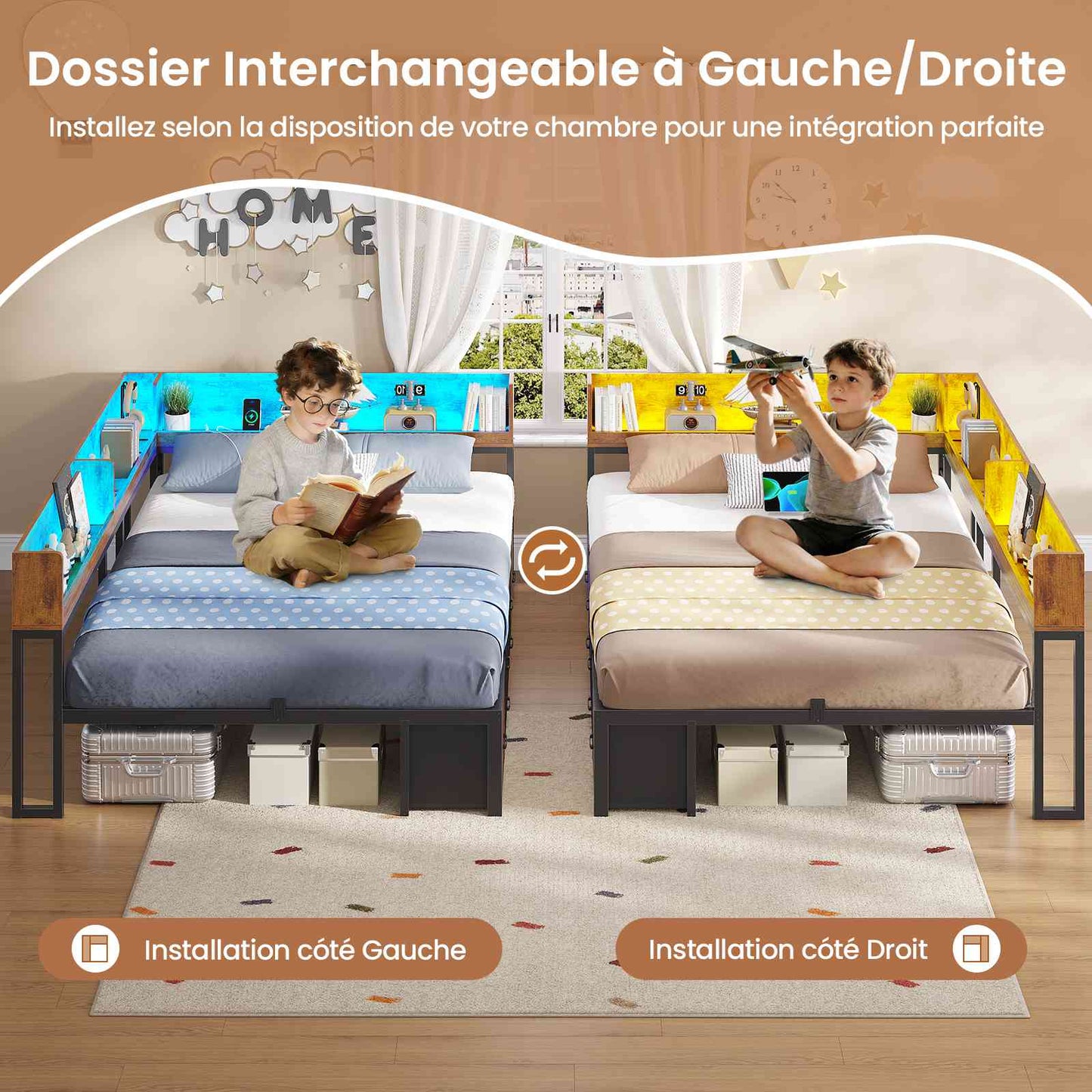 Canapé-lit AOGLLATI à dossier rabattable avec éclairage LED et multiprise lit 140 x 190 avec sommier métallique 3 compartiments de rangement ouverts et 6 tiroirs
