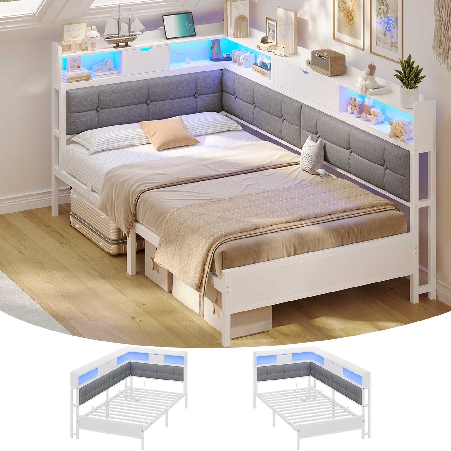 Canapé-lit pliant AOGLLATI 90 x 200 avec multiprise et éclairage LED canapé-lit rembourré doté de 6 compartiments de rangement et d'un espace de rangement sous le lit