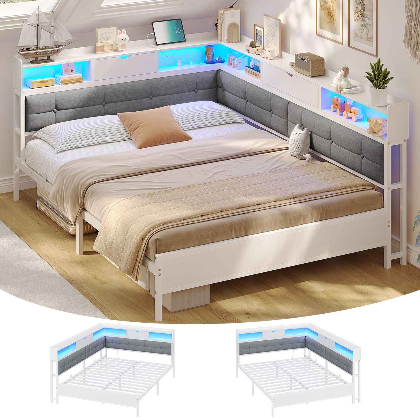 Canapé-lit pliant AOGLLATI 140 x 200 avec multiprise et éclairage LED canapé-lit rembourré doté de 6 compartiments de rangement et d'un espace de rangement sous le lit