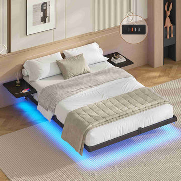 Lit double AOGLLATI 140 x 200 équipé de 2 tablettes de chevet d'un sommier métallique de plusieurs prises électriques et d'un éclairage LED