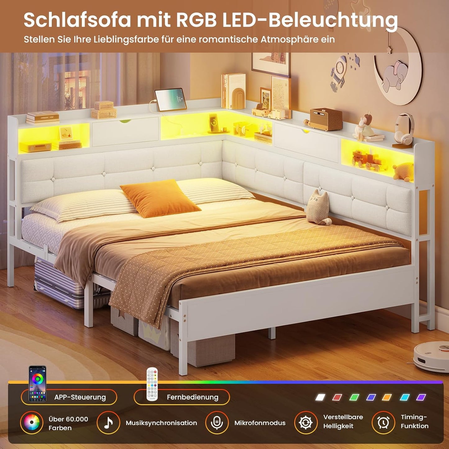 Canapé-lit pliant AOGLLATI 140 x 190 avec multiprise et éclairage LED canapé-lit rembourré doté de 6 compartiments de rangement et d'un espace de rangement sous le lit