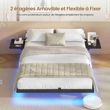 Lit double AOGLLATI 140 x 200 équipé de 2 tablettes de chevet d'un sommier métallique de plusieurs prises électriques et d'un éclairage LED
