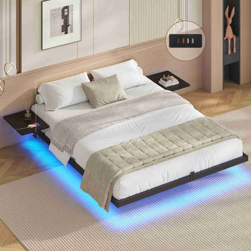 Lit double AOGLLATI 160 x 200 équipé de 2 tablettes de chevet d'un sommier métallique de plusieurs prises électriques et d'un éclairage LED