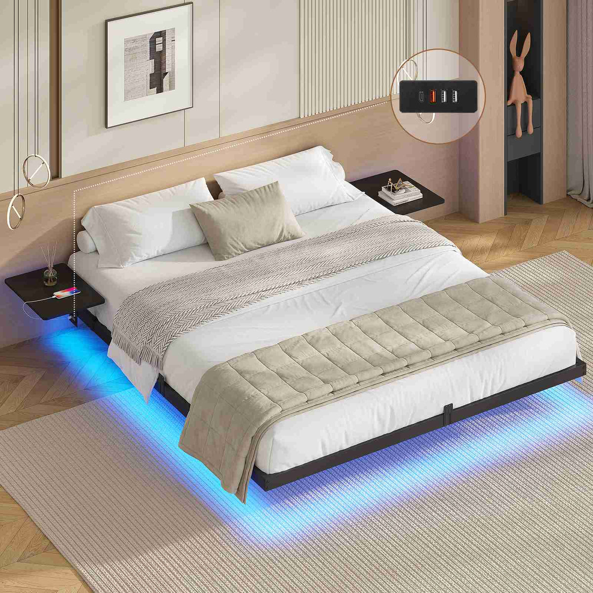 Lit double AOGLLATI 180 x 200 équipé de 2 tablettes de chevet d'un sommier métallique de plusieurs prises électriques et d'un éclairage LED