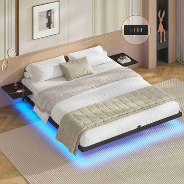 Lit double AOGLLATI 180 x 200 équipé de 2 tablettes de chevet d'un sommier métallique de plusieurs prises électriques et d'un éclairage LED