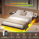Lit double AOGLLATI 140 x 200 équipé de 2 tablettes de chevet d'un sommier métallique de plusieurs prises électriques et d'un éclairage LED