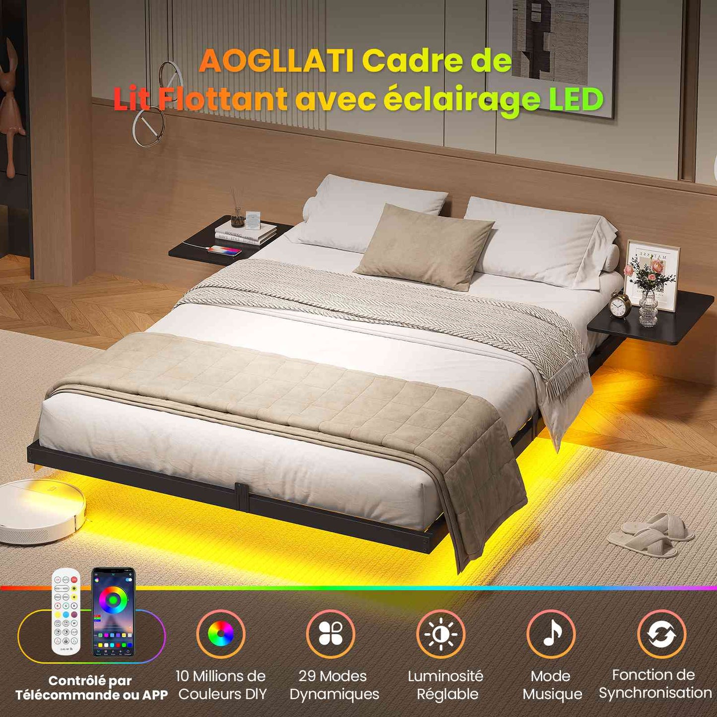 Lit double AOGLLATI 140 x 200 équipé de 2 tablettes de chevet d'un sommier métallique de plusieurs prises électriques et d'un éclairage LED
