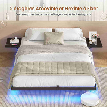 Lit double AOGLLATI 160 x 200 équipé de 2 tablettes de chevet d'un sommier métallique de plusieurs prises électriques et d'un éclairage LED