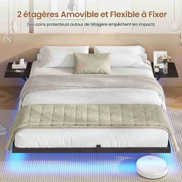 Lit double AOGLLATI 180 x 200 équipé de 2 tablettes de chevet d'un sommier métallique de plusieurs prises électriques et d'un éclairage LED