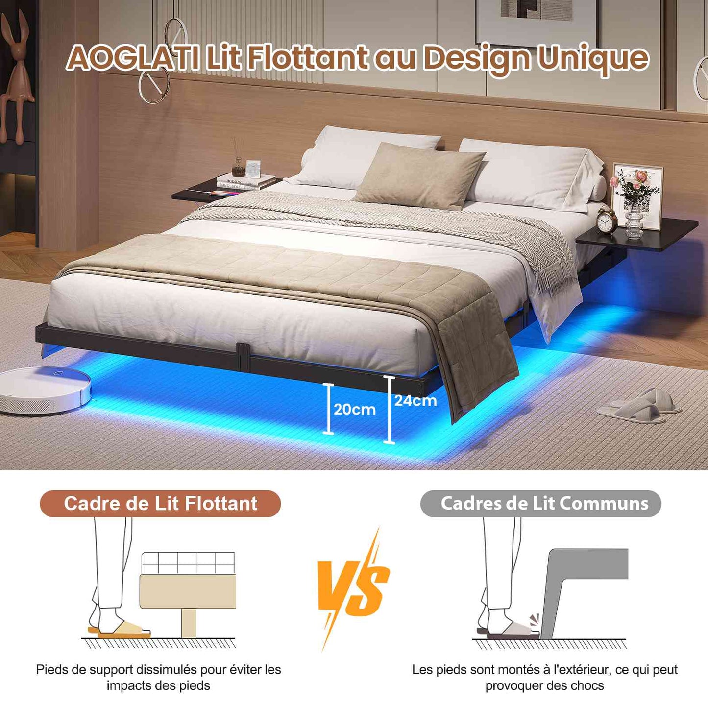 Lit double AOGLLATI 140 x 200 équipé de 2 tablettes de chevet d'un sommier métallique de plusieurs prises électriques et d'un éclairage LED