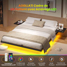 Lit double AOGLLATI 160 x 200 équipé de 2 tablettes de chevet d'un sommier métallique de plusieurs prises électriques et d'un éclairage LED