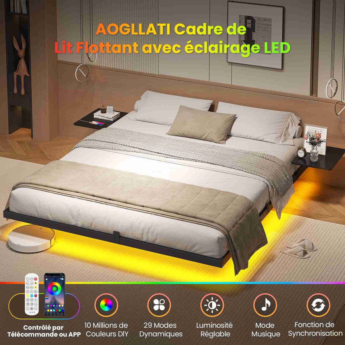 Lit double AOGLLATI 180 x 200 équipé de 2 tablettes de chevet d'un sommier métallique de plusieurs prises électriques et d'un éclairage LED